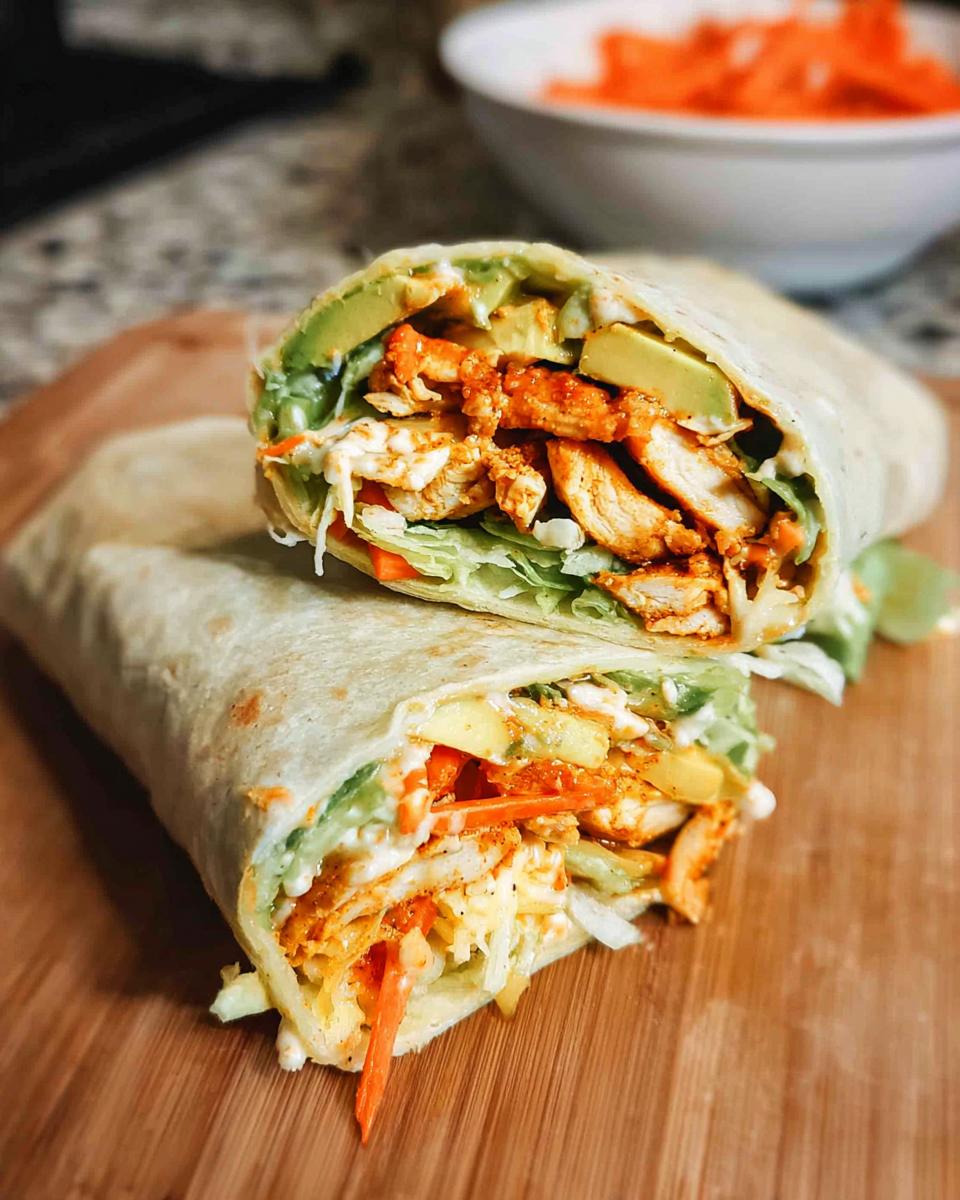 A delicious wrap filled with creamy spinach and eggs, shredded chicken, avocado, and shredded carrots.