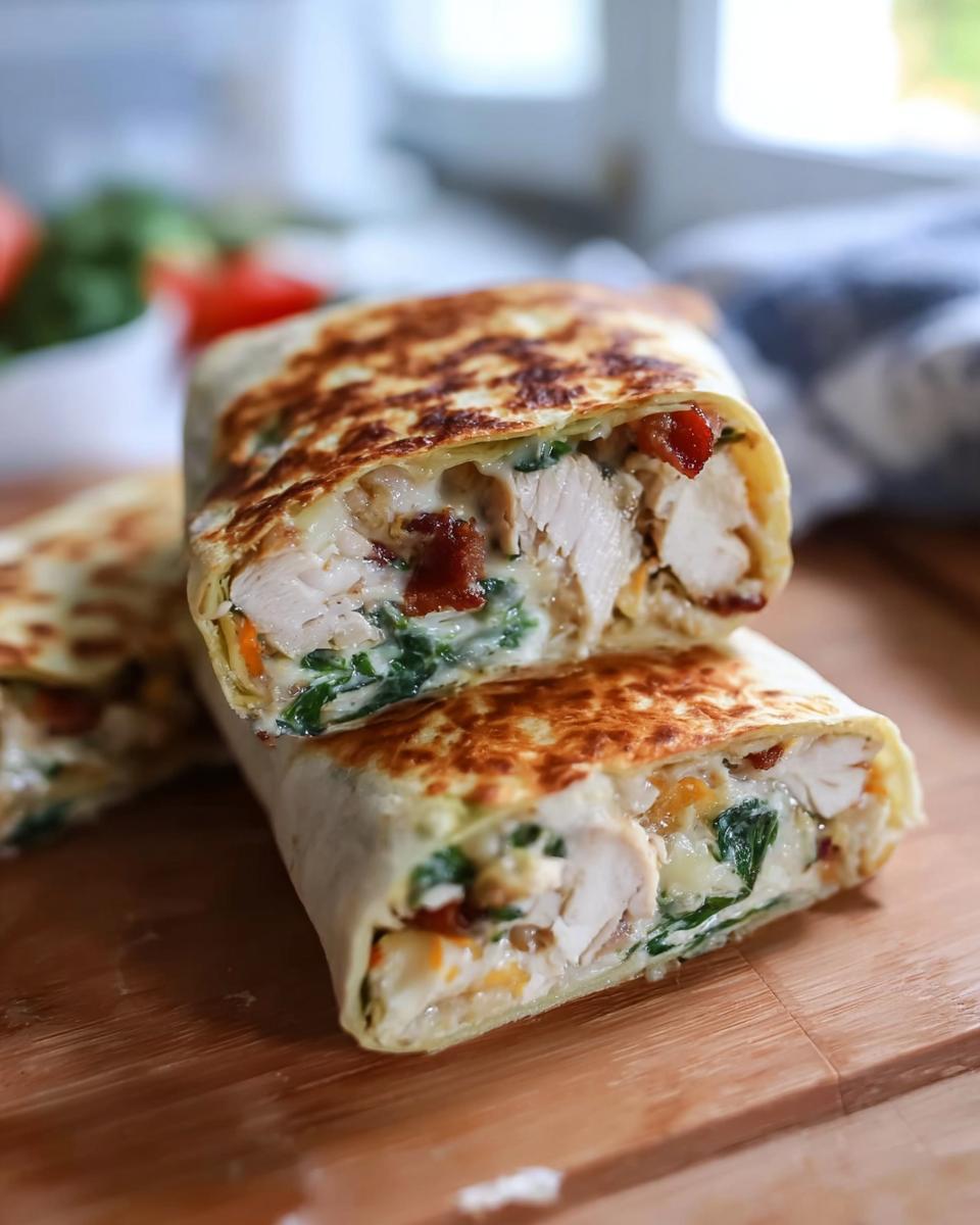 A close-up of a Crispy Chicken Bacon Wrap cut in half, revealing tender chicken, crispy bacon, and spinach.