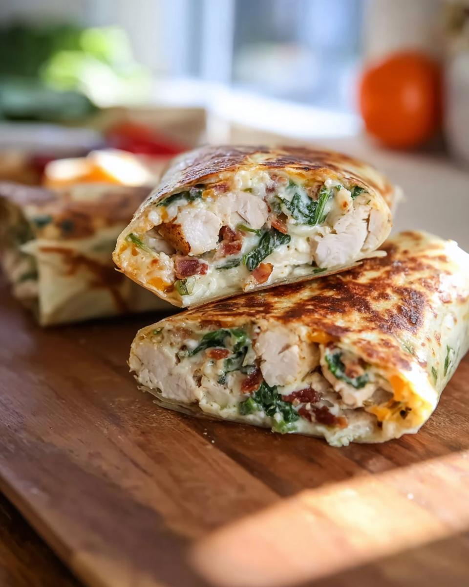 A close-up of a Crispy Chicken Bacon Wrap cut in half, showing tender chicken, bacon, and spinach filling.