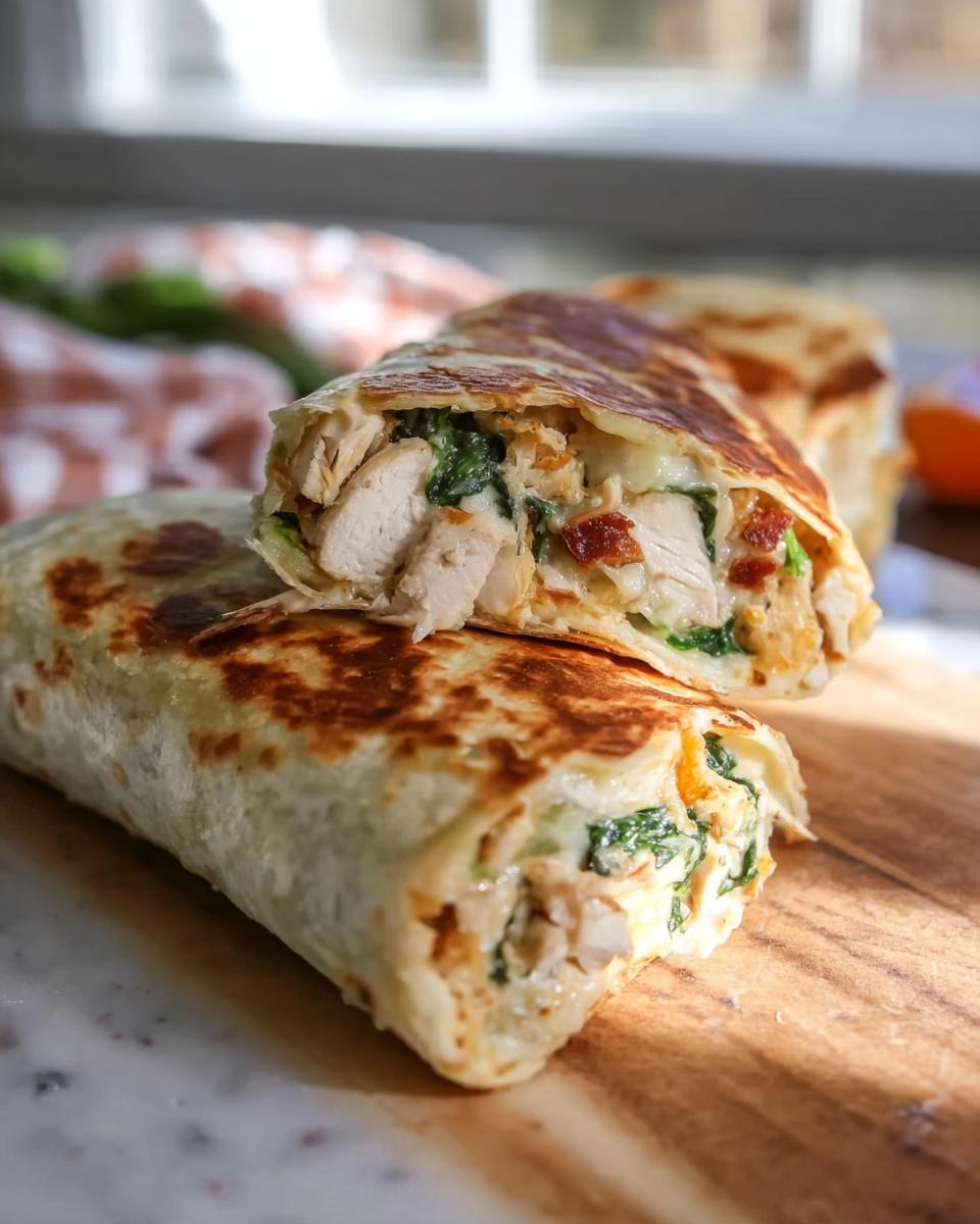 A close-up of a Crispy Chicken Bacon Wrap, cut in half, showing tender chicken, spinach, and bacon filling.