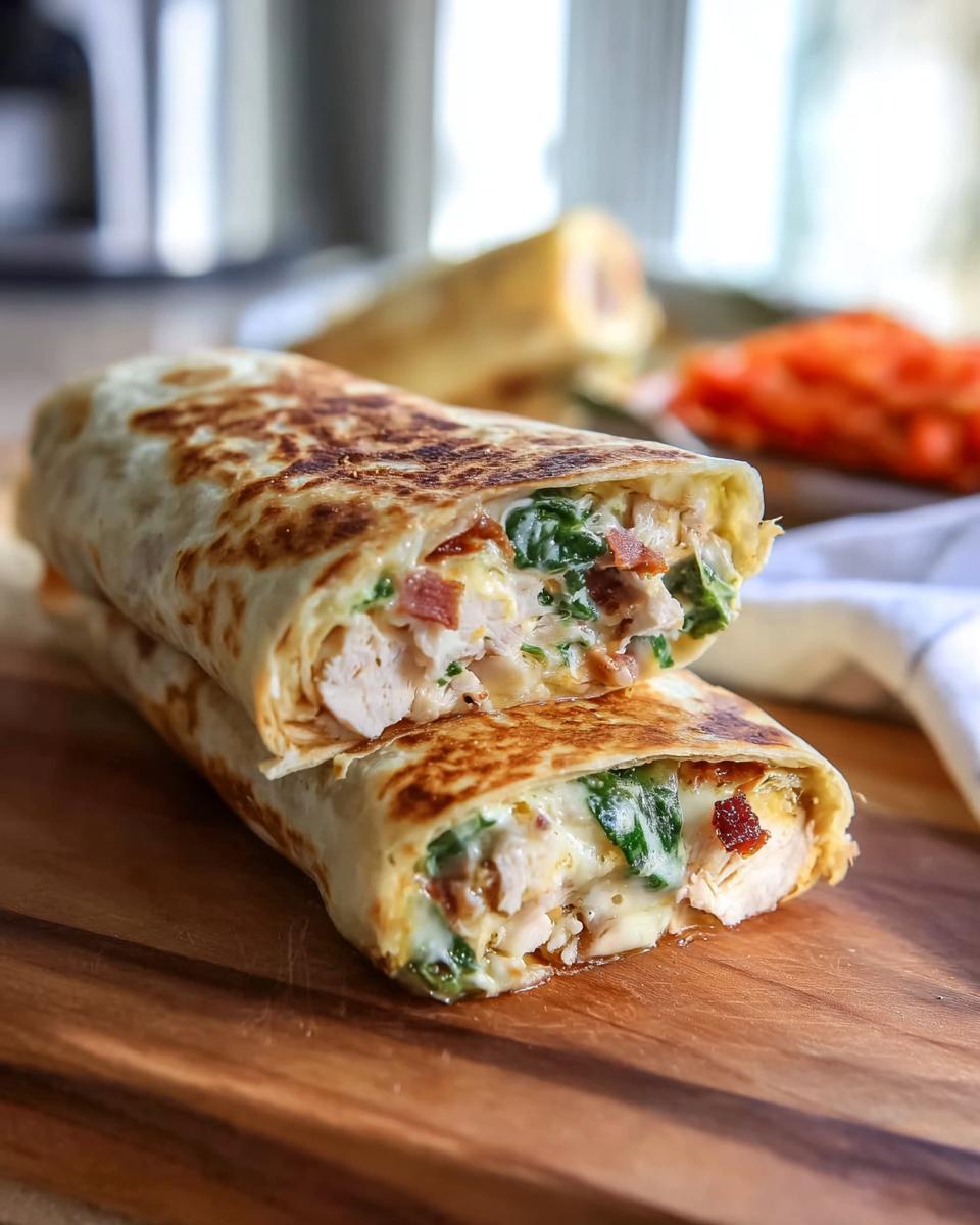 A halved Crispy Chicken Bacon Wrap filled with chicken, bacon, spinach, and cheese, on a wooden board.