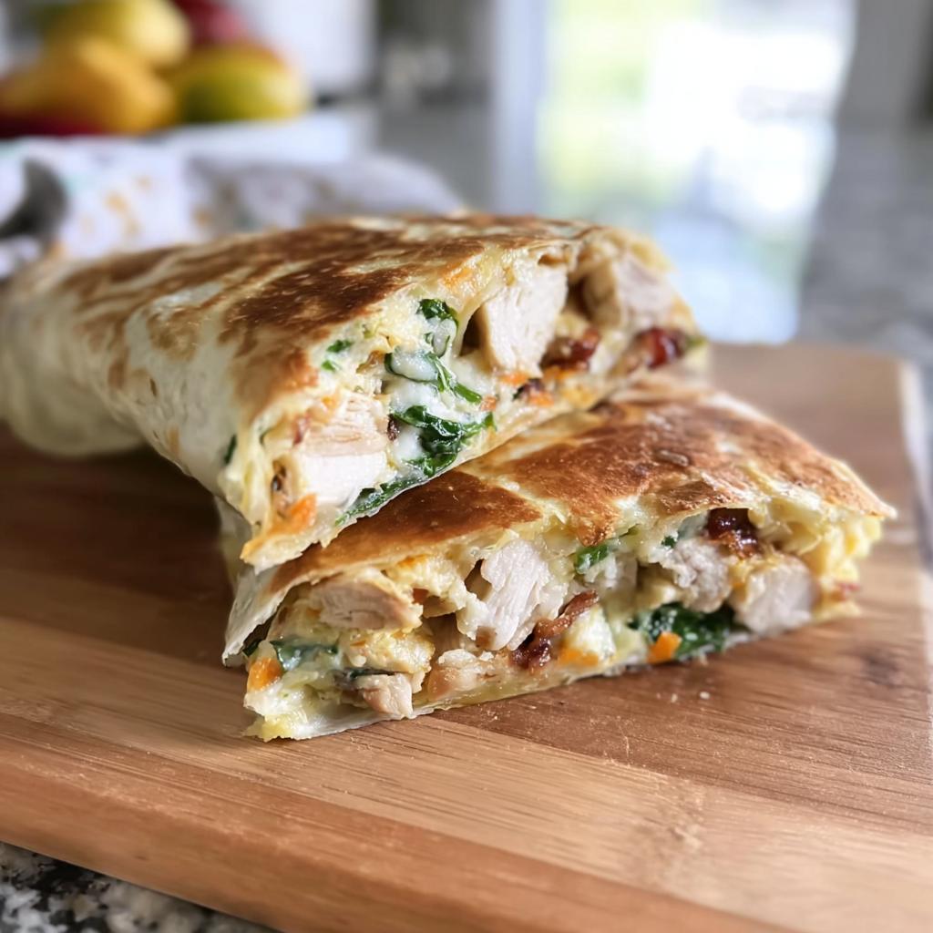 A delicious Crispy Chicken Bacon Wrap, sliced in half to reveal tender chicken, bacon, and greens.