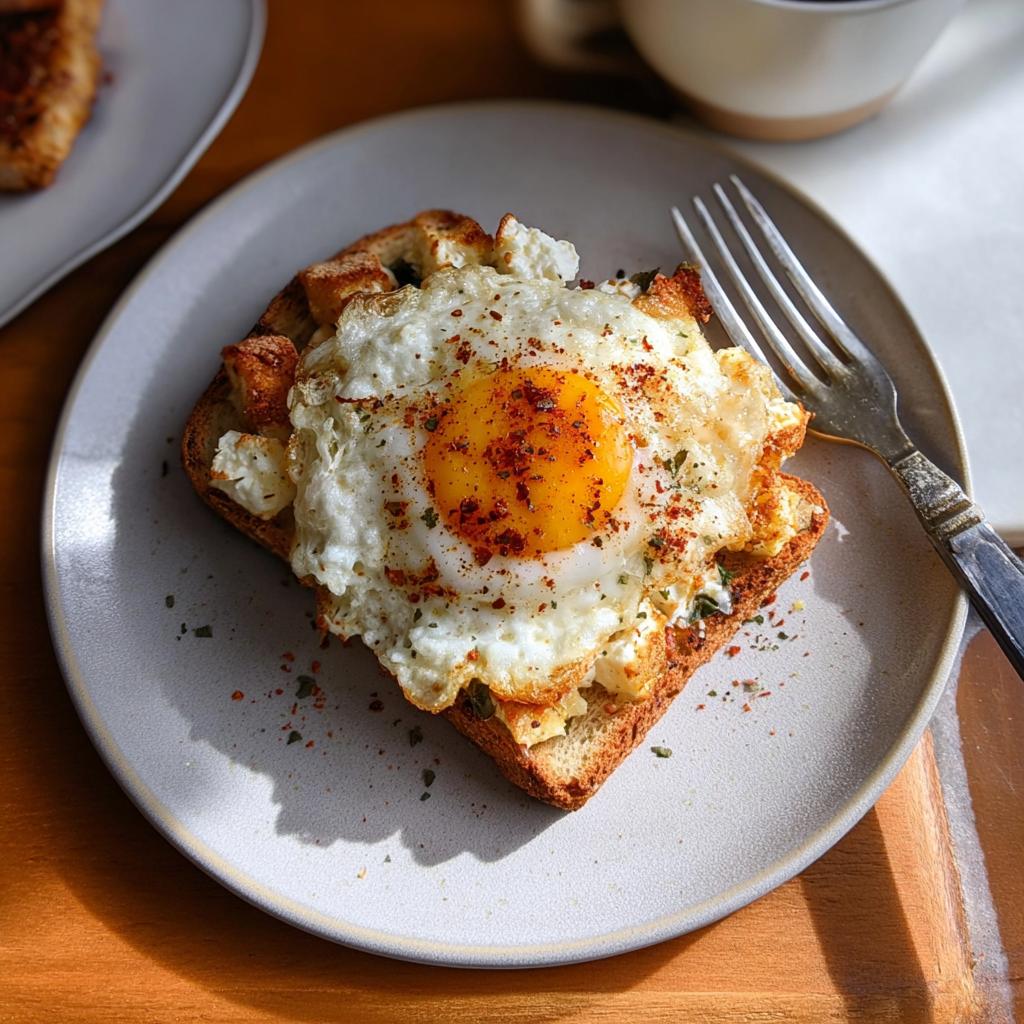 A close-up of crispy feta fried eggs served on toast, sprinkled with red pepper flakes and herbs.