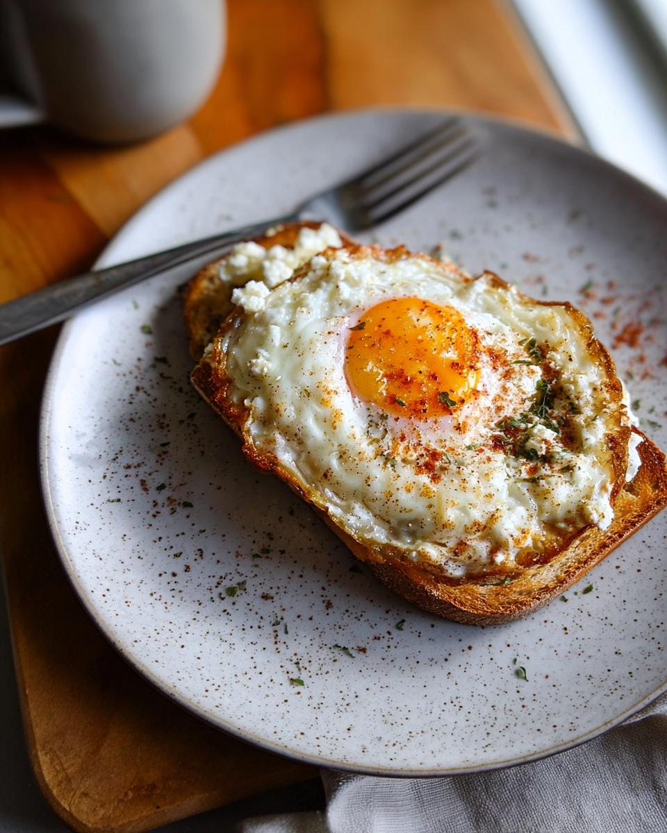 A close-up of crispy feta fried eggs served on toast, seasoned with paprika and herbs.