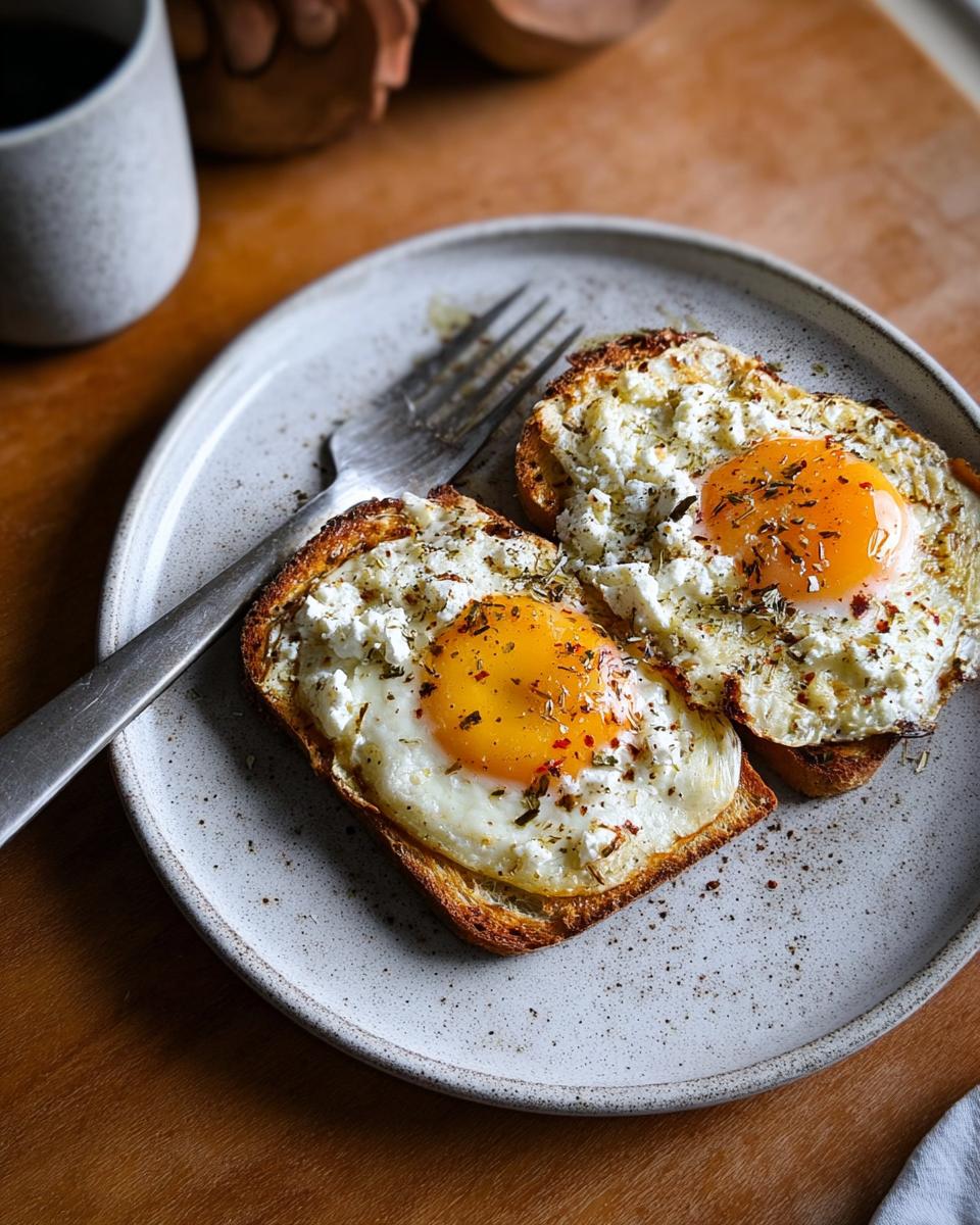 Two slices of toast topped with crumbled feta cheese and fried eggs, seasoned with herbs and chili flakes. Crispy Feta Fried Eggs.