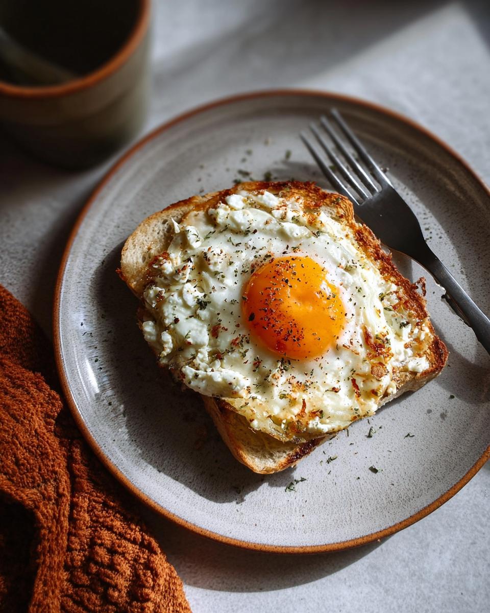 A perfectly fried egg with a runny yolk sits atop crispy feta cheese and toast, seasoned with herbs.