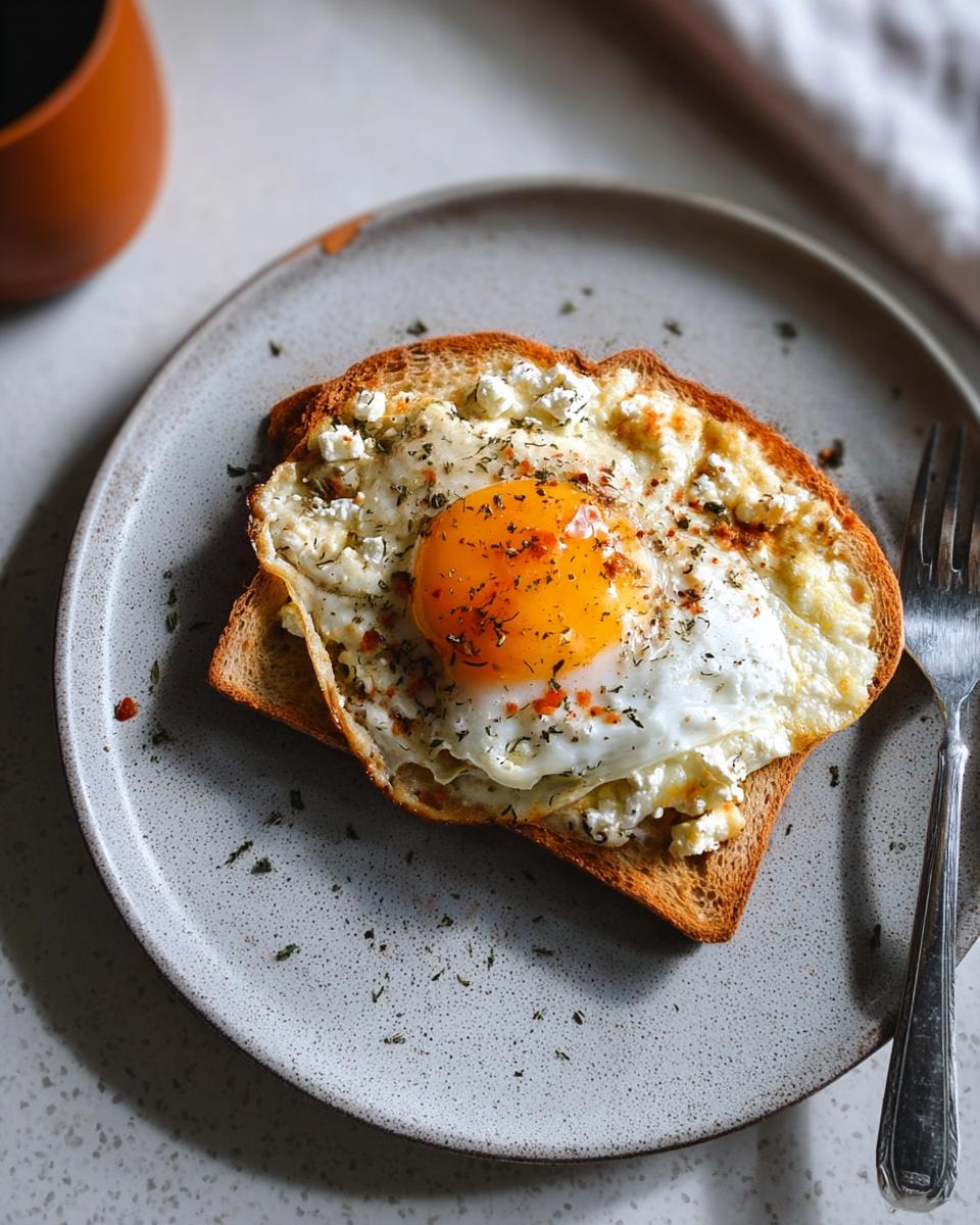 A perfectly fried egg with a runny yolk sits atop crispy feta cheese and toast, seasoned with herbs.
