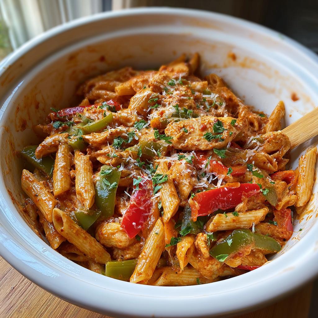 A bowl of Crock Pot Creamy Cajun Chicken Pasta with penne, chicken, and bell peppers, topped with parsley and cheese.