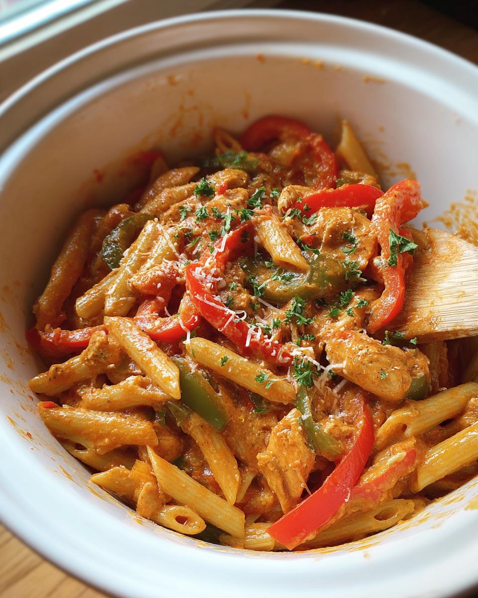 A close-up of Crock Pot Creamy Cajun Chicken Pasta with penne pasta, chicken, red and green bell peppers, and parsley.