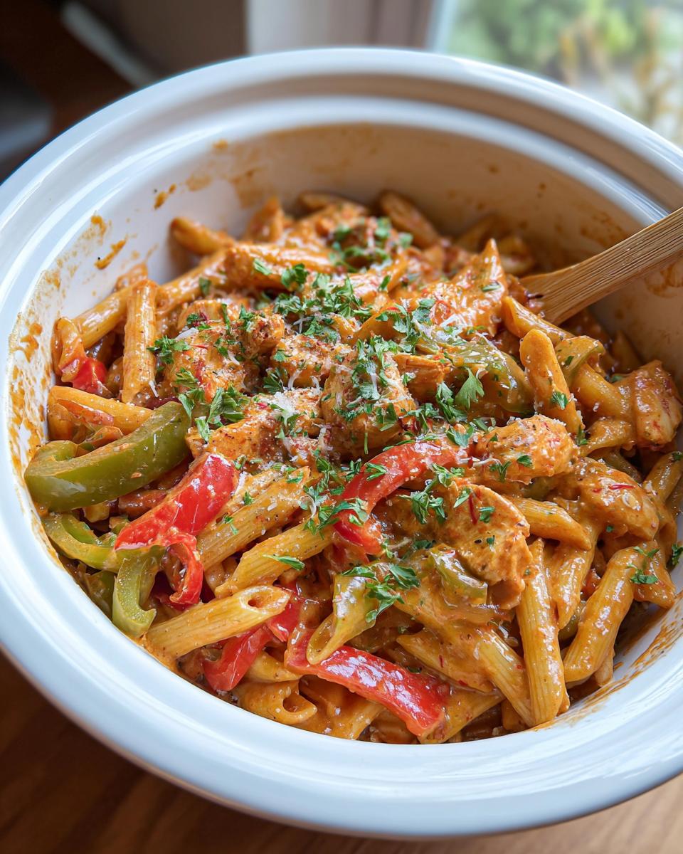 A close-up shot of Crock Pot Creamy Cajun Chicken Pasta with penne, chicken, and bell peppers, garnished with parsley.