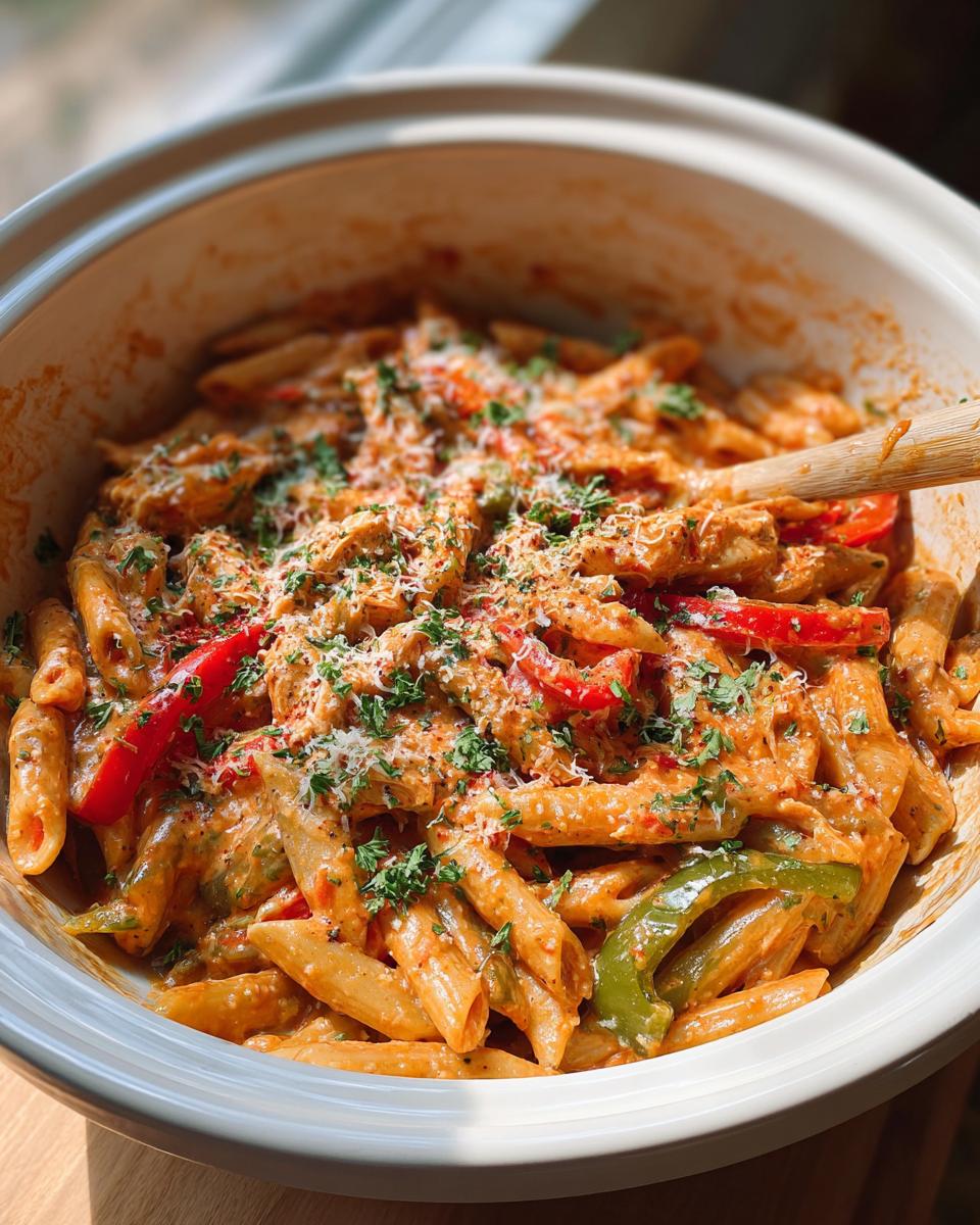 A close-up of Crock Pot Creamy Cajun Chicken Pasta with penne noodles, bell peppers, and shredded chicken in a creamy sauce, topped with parsley and cheese.