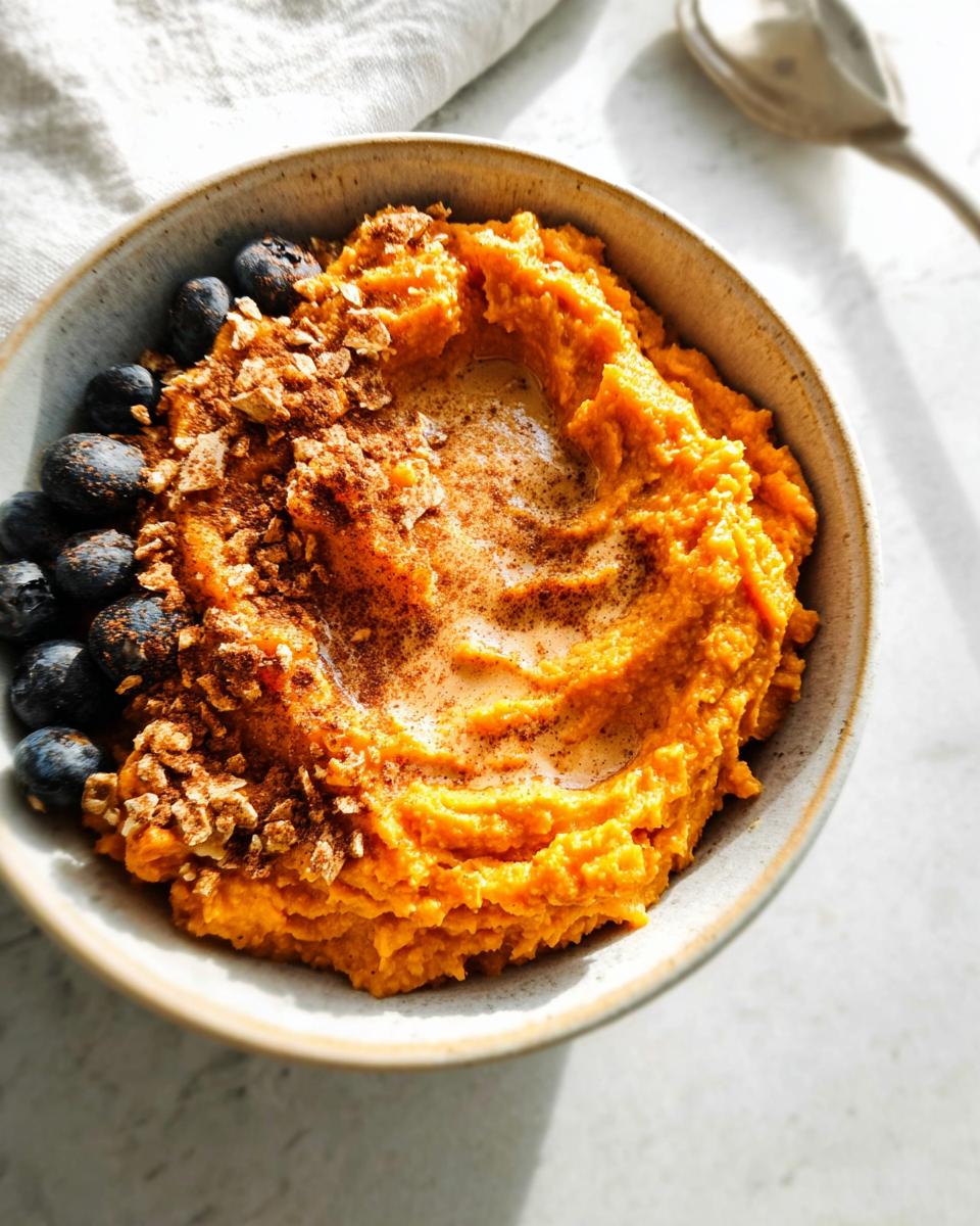 A Delicious Sweet Potato Breakfast Bowl topped with blueberries, granola, and cinnamon.