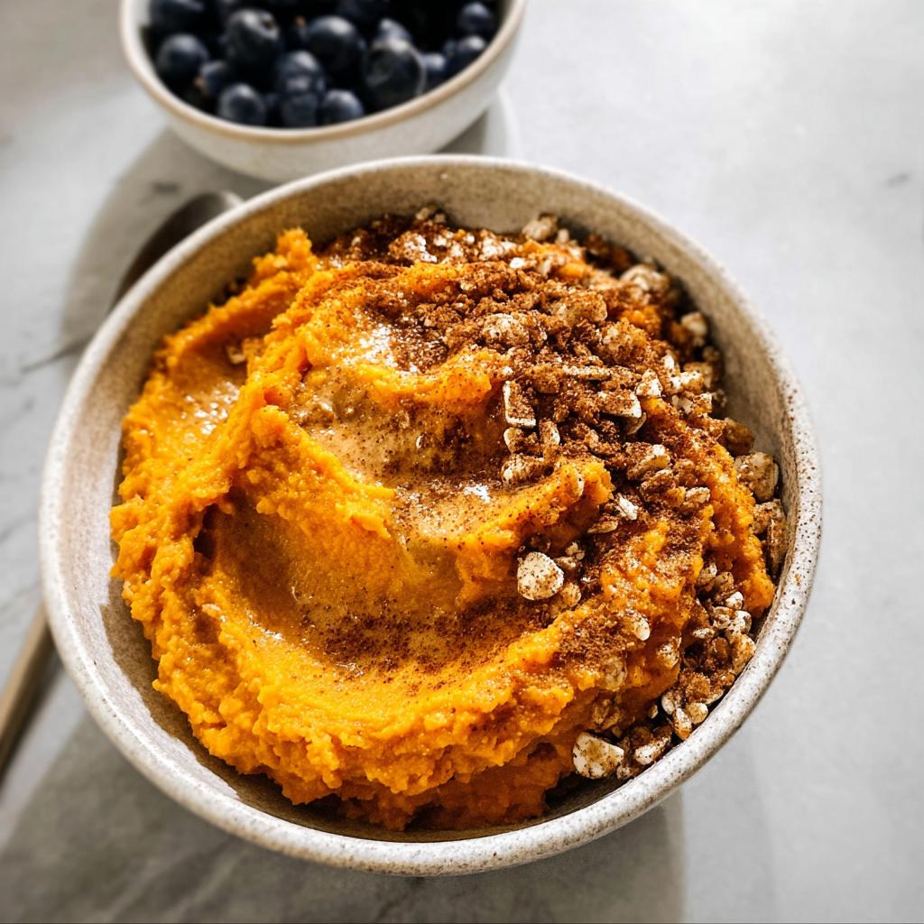 A Delicious Sweet Potato Breakfast Bowl topped with cinnamon and granola, with a side of blueberries.