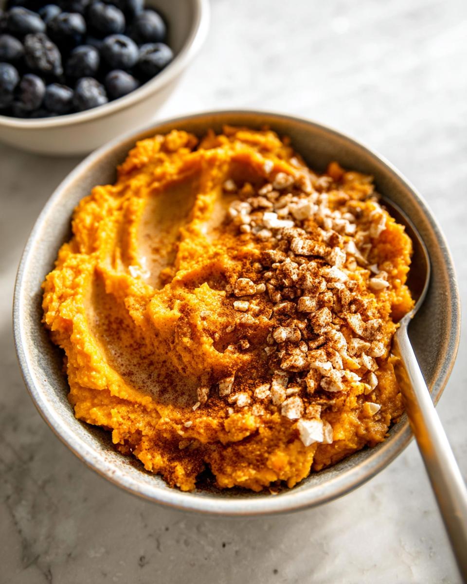 A close-up of a Delicious Sweet Potato Breakfast Bowl topped with cinnamon and nuts, with blueberries in the background.