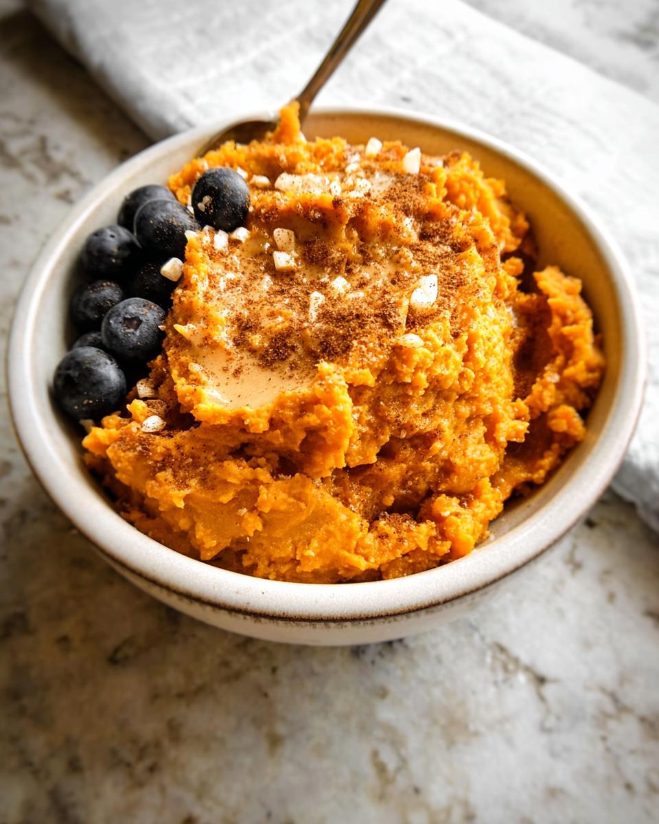 A Delicious Sweet Potato Breakfast Bowl topped with blueberries, cinnamon, and nuts.
