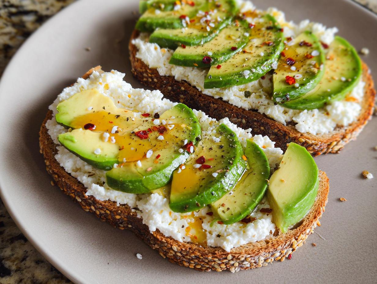 Two slices of EASY Avocado Toast with Cottage Cheese & Honey, topped with fresh avocado slices, drizzled honey, and red pepper flakes.