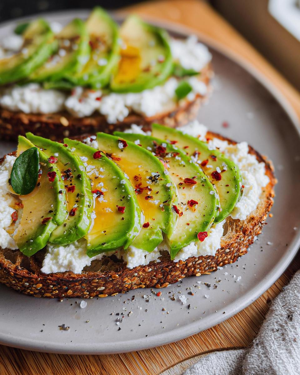 Close-up of EASY Avocado Toast with Cottage Cheese & Honey, topped with sliced avocado, cottage cheese, and a drizzle of honey.