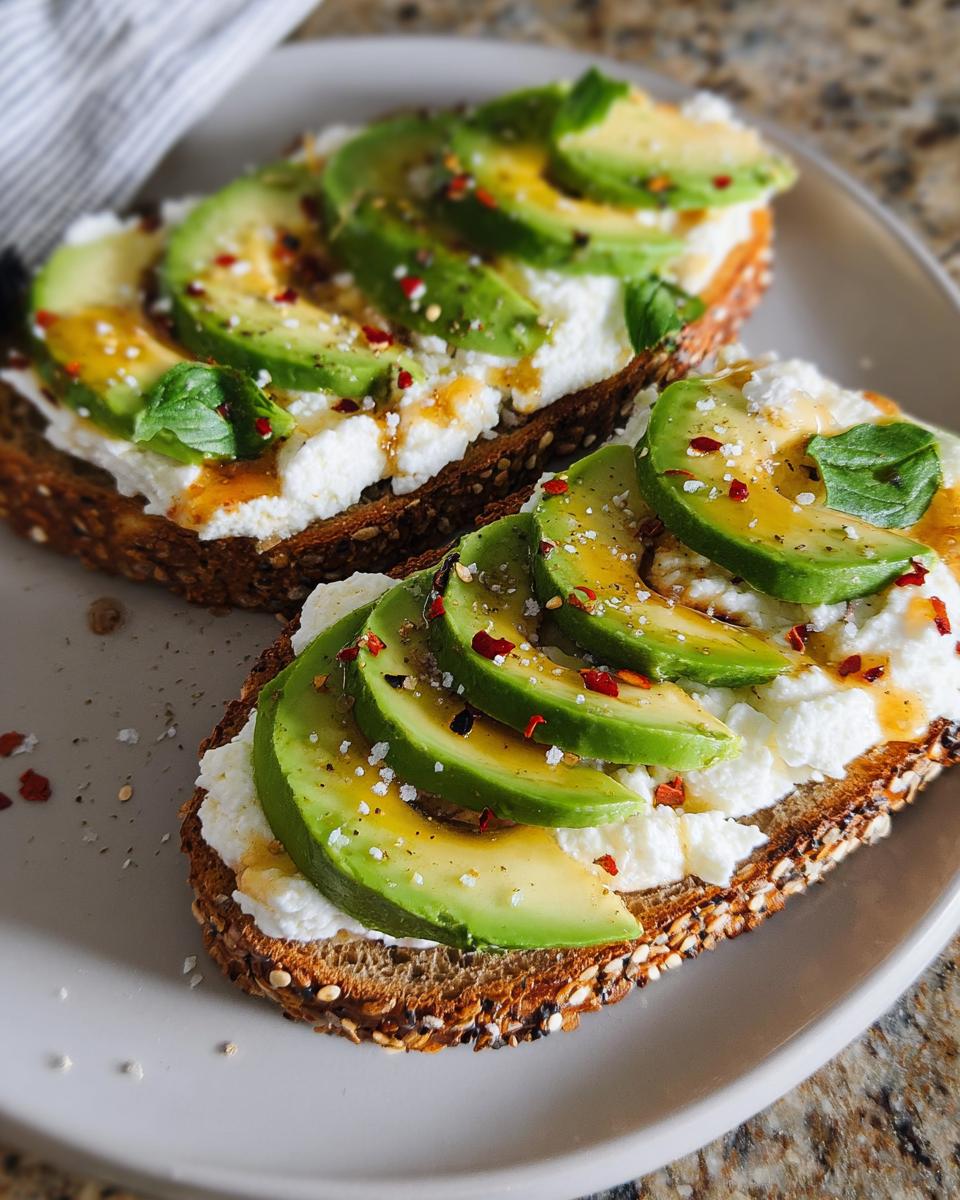 Two slices of EASY Avocado Toast with Cottage Cheese & Honey, topped with fresh avocado, cottage cheese, honey drizzle, and red pepper flakes.