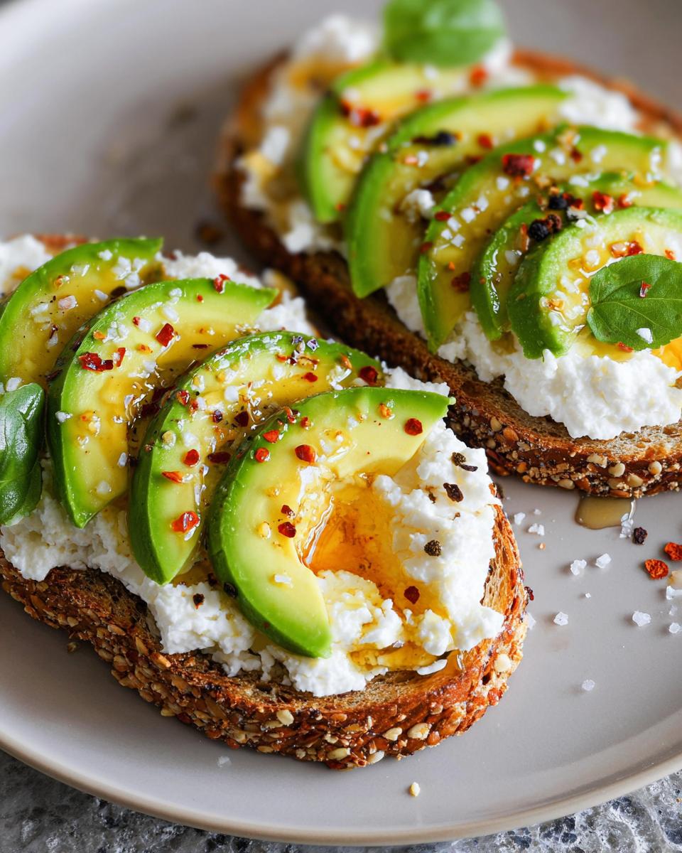 Close-up of EASY Avocado Toast with Cottage Cheese & Honey, topped with sliced avocado, cottage cheese, and a drizzle of honey.