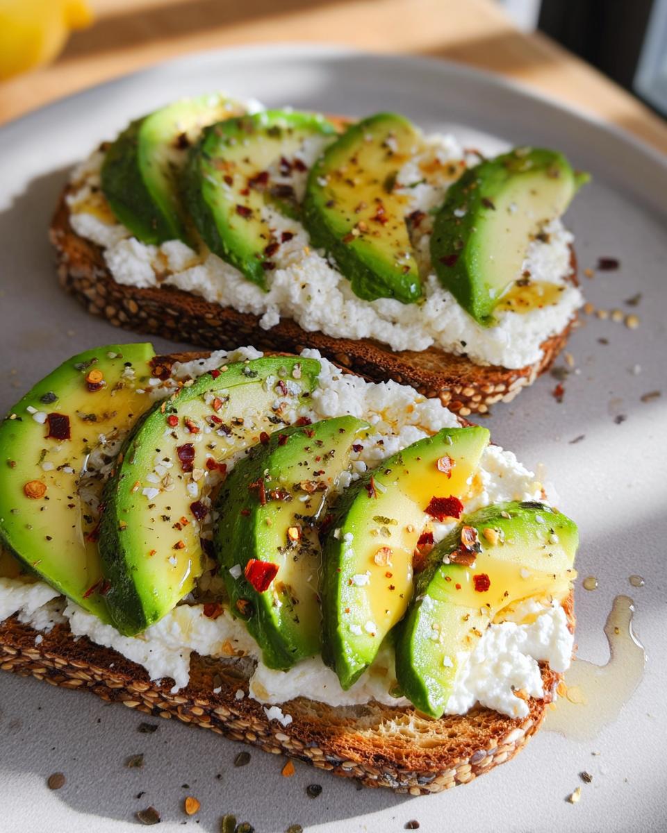 Two slices of EASY Avocado Toast with Cottage Cheese & Honey, topped with fresh avocado slices, chili flakes, and drizzled honey.