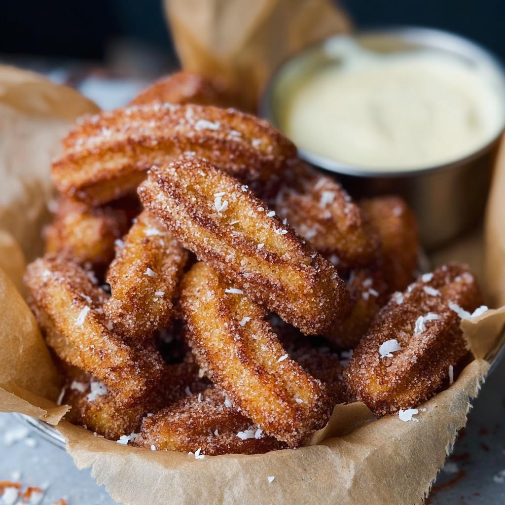 A basket overflowing with golden Easy Baked Churro Bites, dusted with cinnamon sugar and served with a creamy dipping sauce.
