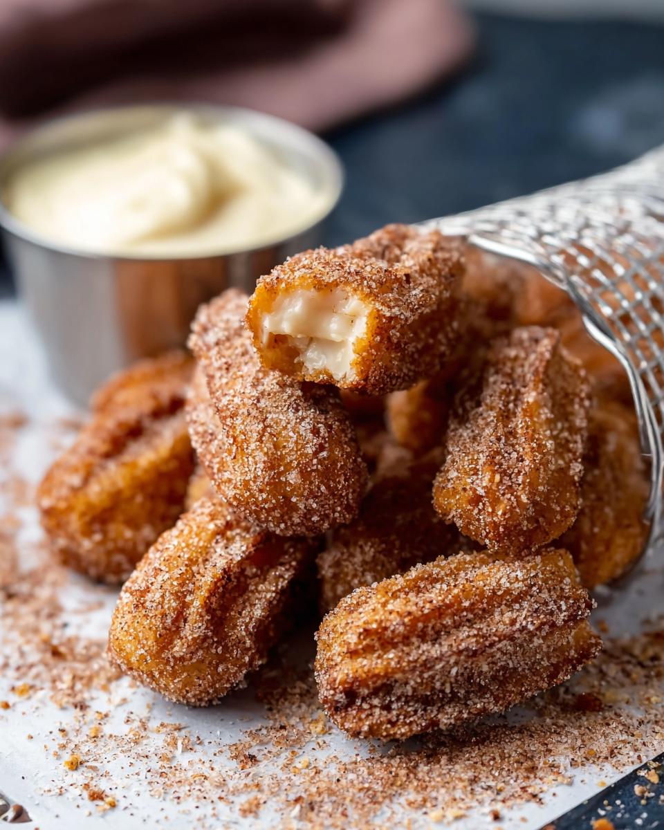 Close-up of Easy Baked Churro Bites coated in cinnamon sugar, with a creamy dip in the background.