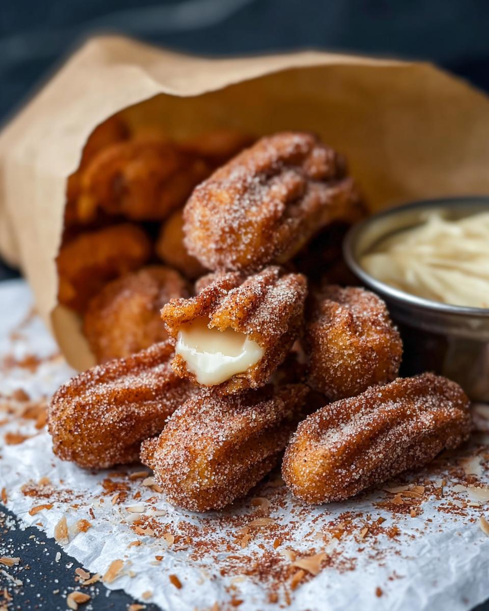 Close-up of Easy Baked Churro Bites, coated in cinnamon sugar, with a creamy filling oozing from one bite.