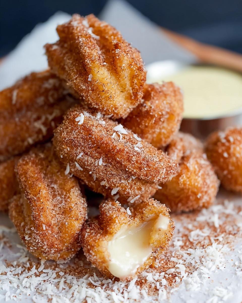 A pile of Easy Baked Churro Bites coated in cinnamon sugar, with one bite showing a creamy vanilla filling.