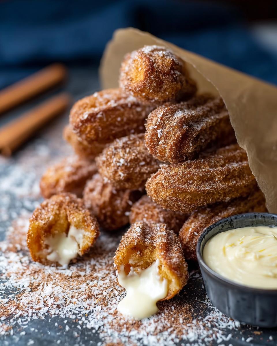 A pile of Easy Baked Churro Bites, coated in cinnamon sugar, with a creamy filling oozing from two broken bites.