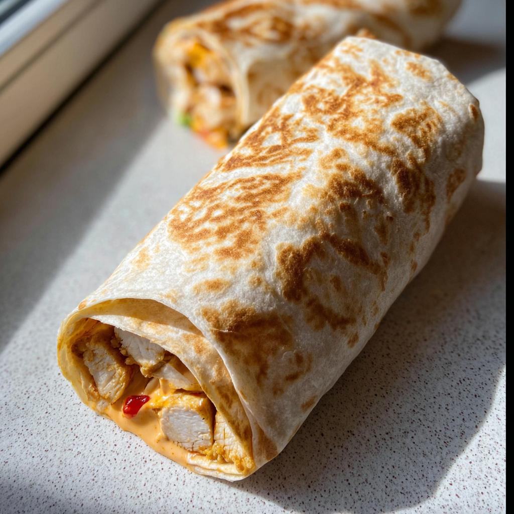 Close-up of an Easy Chipotle Ranch Grilled Chicken Burrito, showing grilled chicken and sauce peeking out.