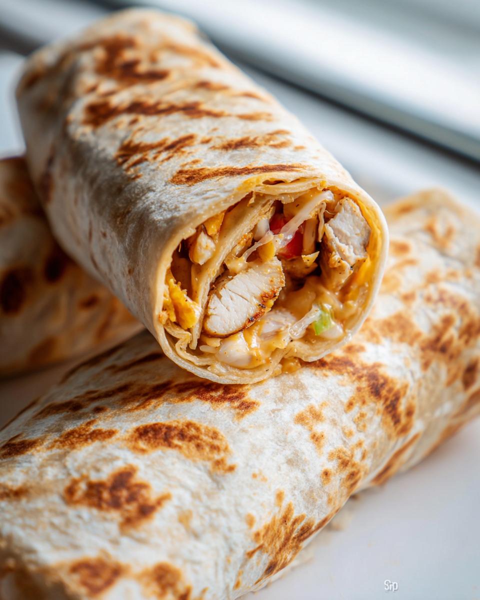 Close-up of an Easy Chipotle Ranch Grilled Chicken Burrito, showing grilled chicken, cheese, and vegetables inside.