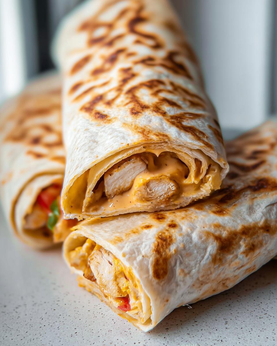 Close-up of an Easy Chipotle Ranch Grilled Chicken Burrito, showing tender chicken and creamy sauce inside a grilled tortilla.