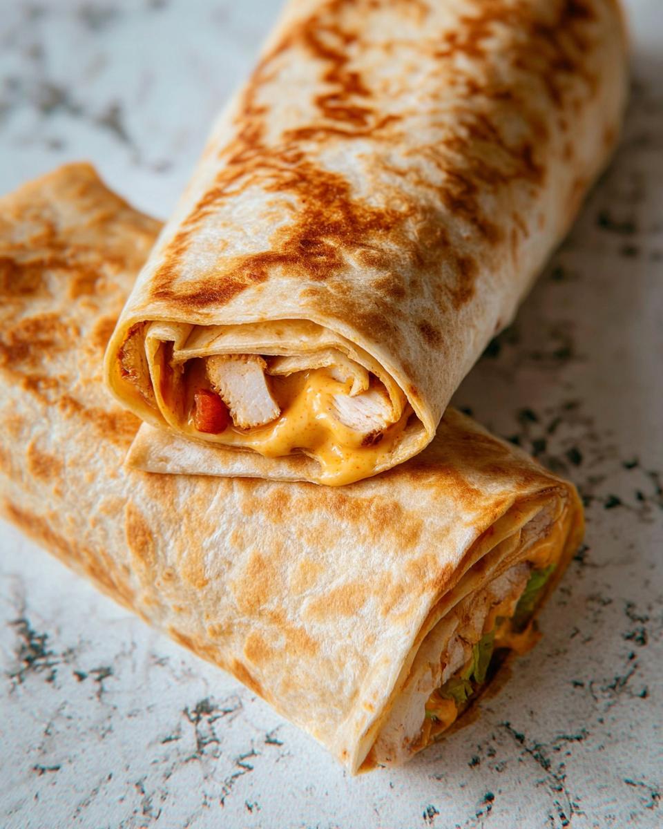 Close-up of an Easy Chipotle Ranch Grilled Chicken Burrito, showing chicken, cheese, and lettuce.