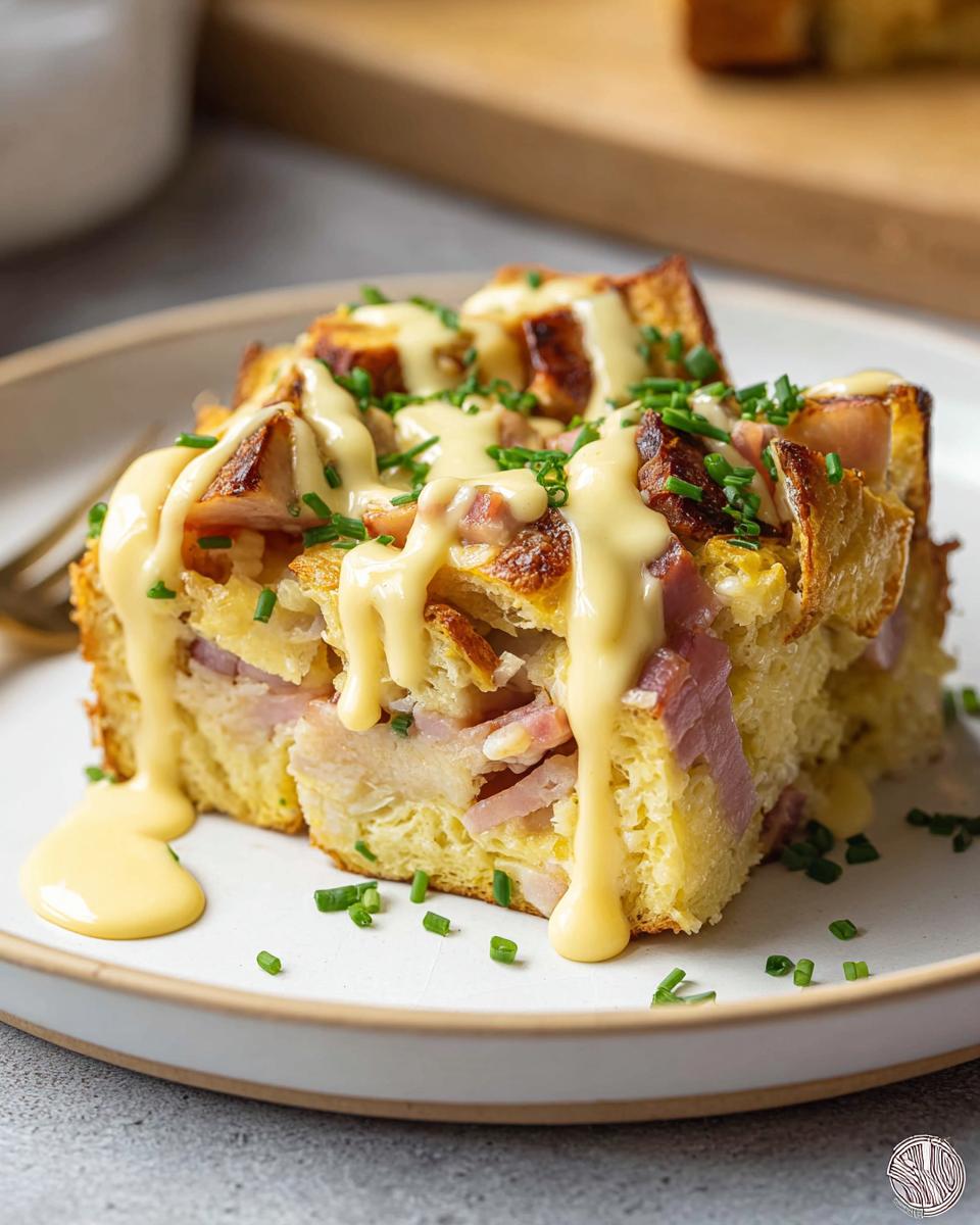 A slice of easy Eggs Benedict Casserole topped with creamy hollandaise sauce and fresh chives.