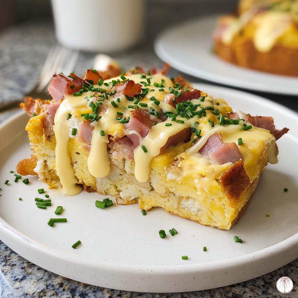 A delicious slice of Easy Eggs Benedict Casserole, topped with ham, hollandaise sauce, and chives.