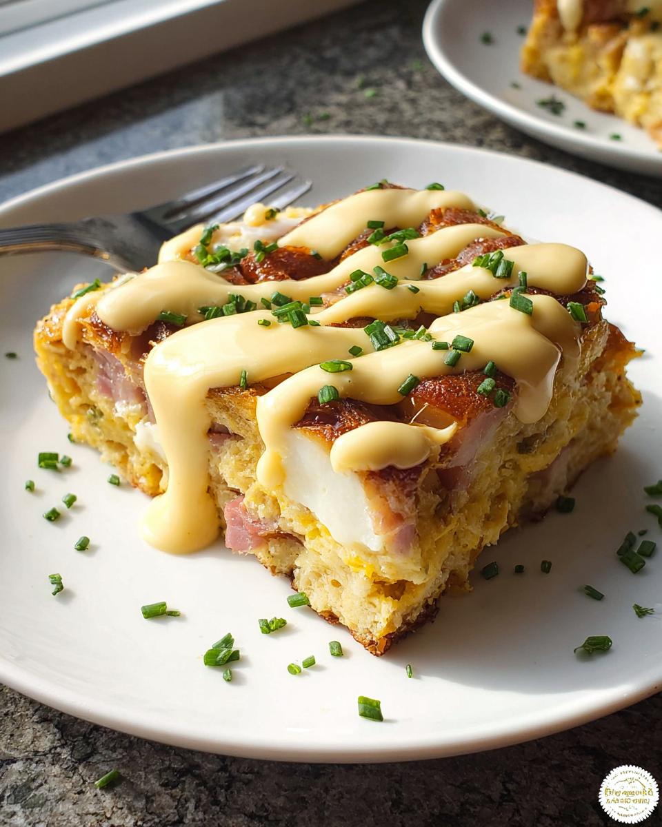 A slice of Easy Eggs Benedict Casserole topped with hollandaise sauce and chives on a white plate.