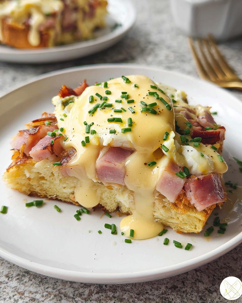 A slice of easy Eggs Benedict Casserole topped with a poached egg, ham, and rich hollandaise sauce, garnished with chives.