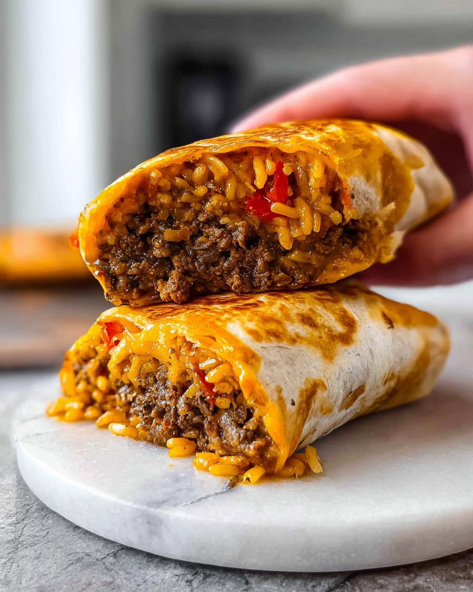 Close-up of a cut-open grilled cheese burrito copycat recipe, showing seasoned ground beef, rice, and melted cheese.