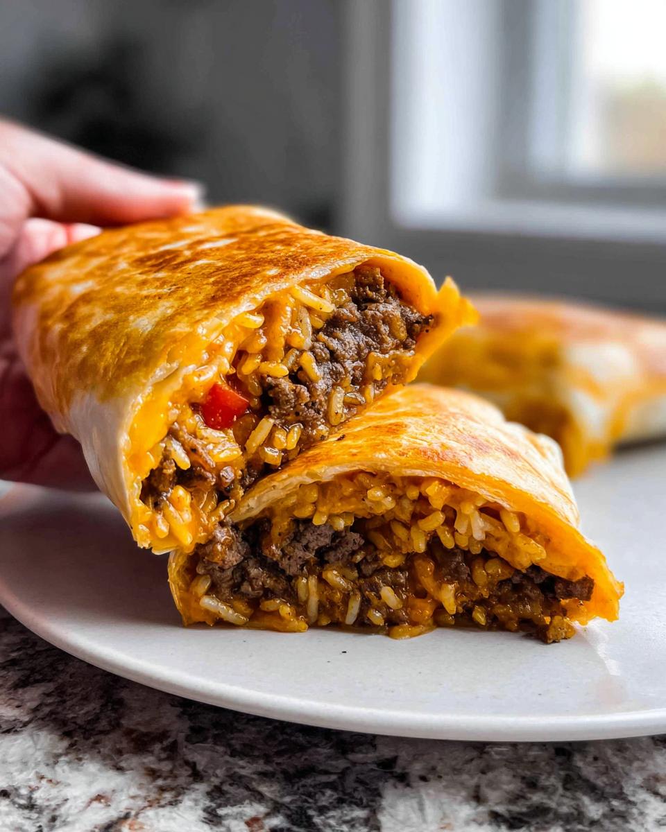 Close-up of a cut-open grilled cheese burrito copycat, revealing seasoned ground beef and rice filling.