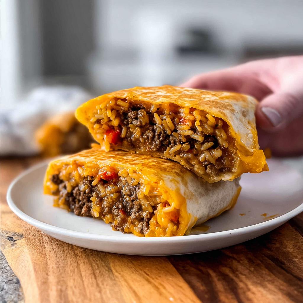 Close-up of a grilled cheese burrito copycat recipe cut in half, revealing seasoned ground beef and rice filling with melted cheese.
