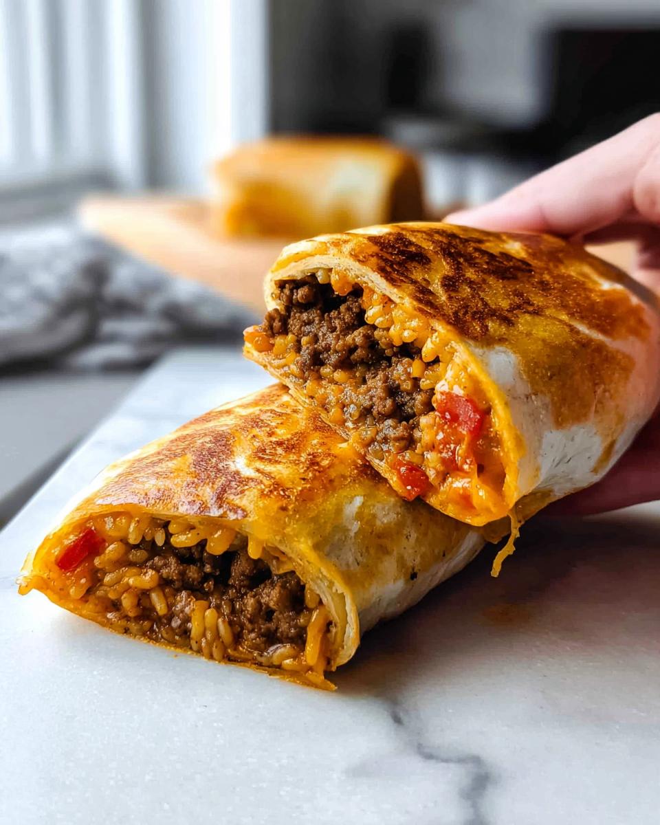 A close-up shot of a grilled cheese burrito copycat recipe, cut in half to reveal the seasoned ground beef and rice filling.