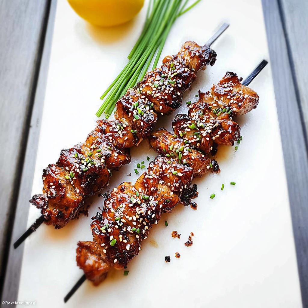 Two skewers of glistening Easy Japanese Chicken Yakitori, sprinkled with sesame seeds and chives, with a lemon wedge and more chives in the background.