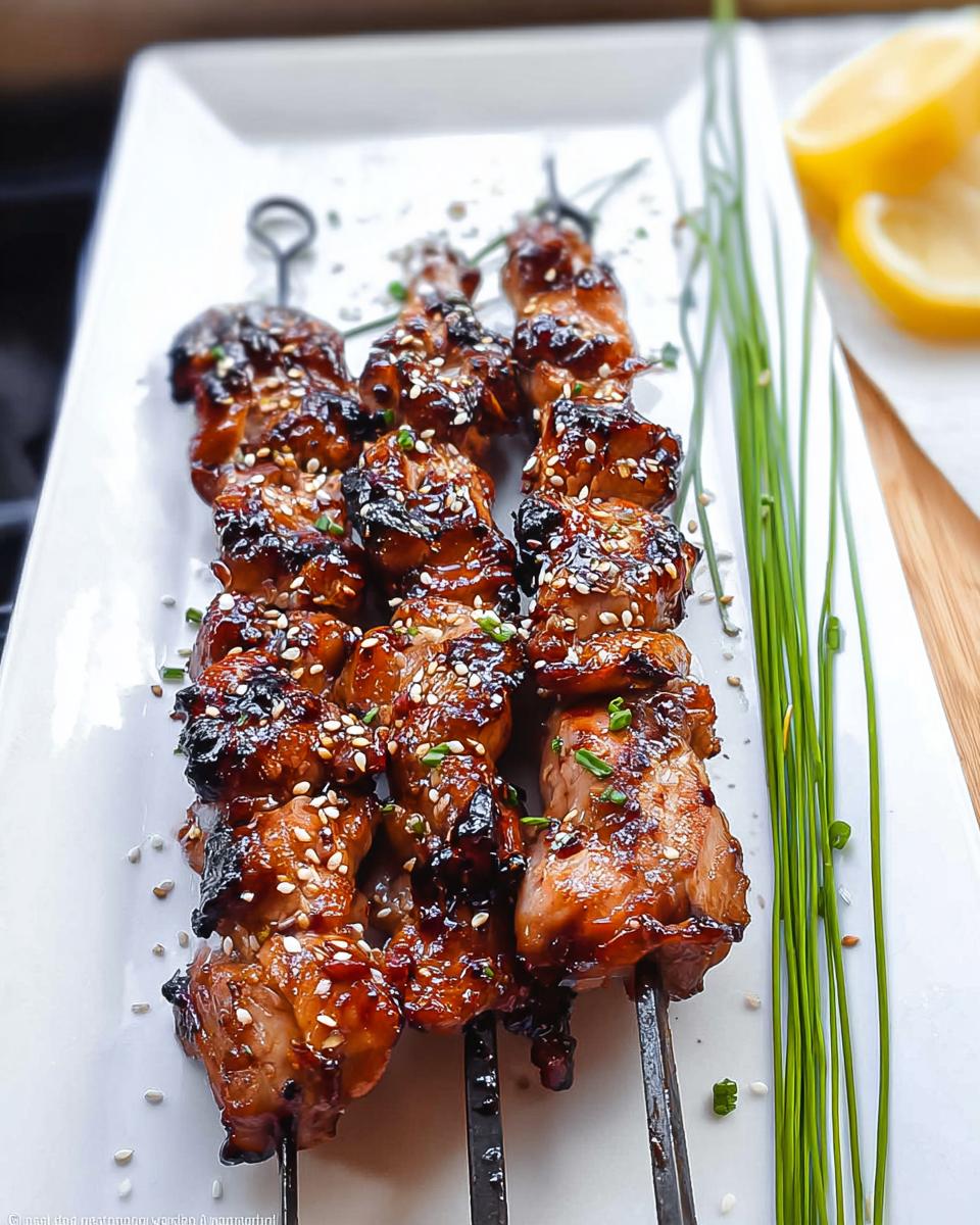 Close-up of Easy Japanese Chicken Yakitori Skewers glazed with sauce and sprinkled with sesame seeds.