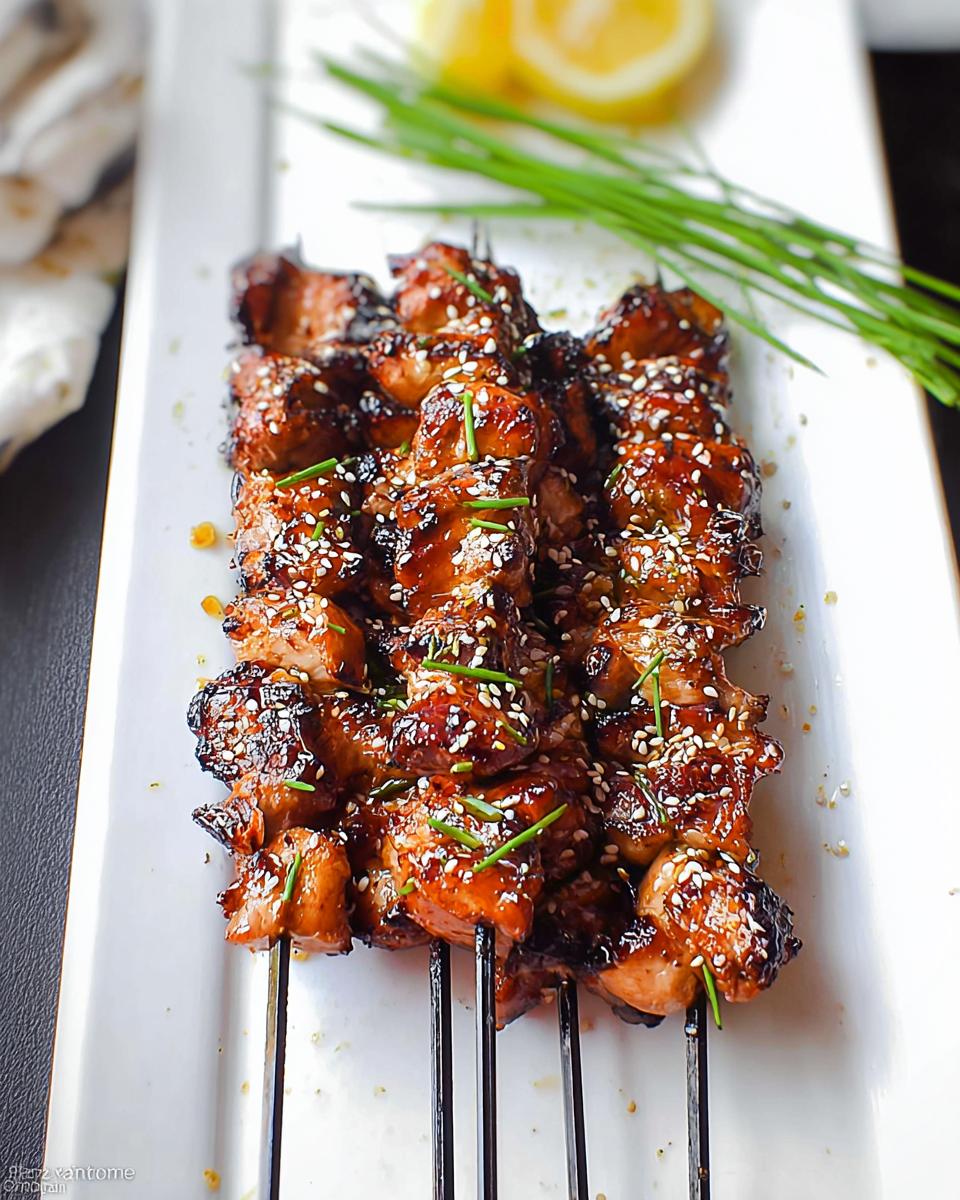 Close-up of Easy Japanese Chicken Yakitori Skewers, glazed and sprinkled with sesame seeds and chives.