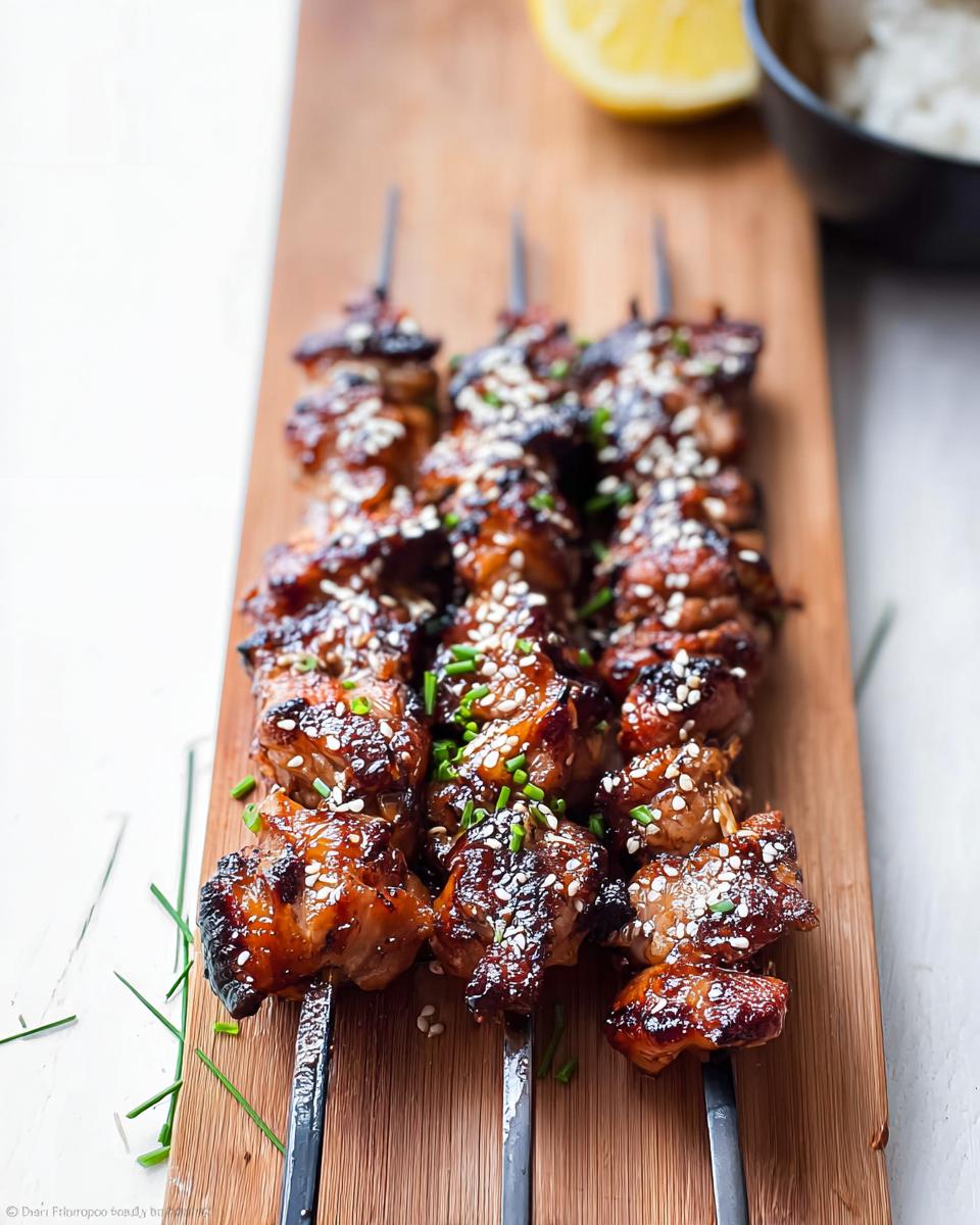 Close-up of three Easy Japanese Chicken Yakitori Skewers, glazed and sprinkled with sesame seeds and chives.