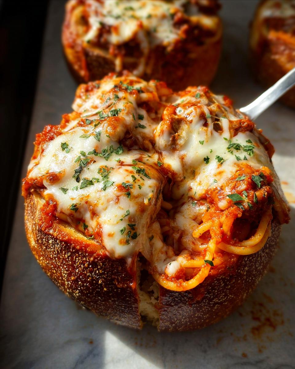 A close-up of an Easy Spaghetti Garlic Bread Bowl filled with spaghetti and marinara sauce, topped with melted mozzarella cheese and parsley.