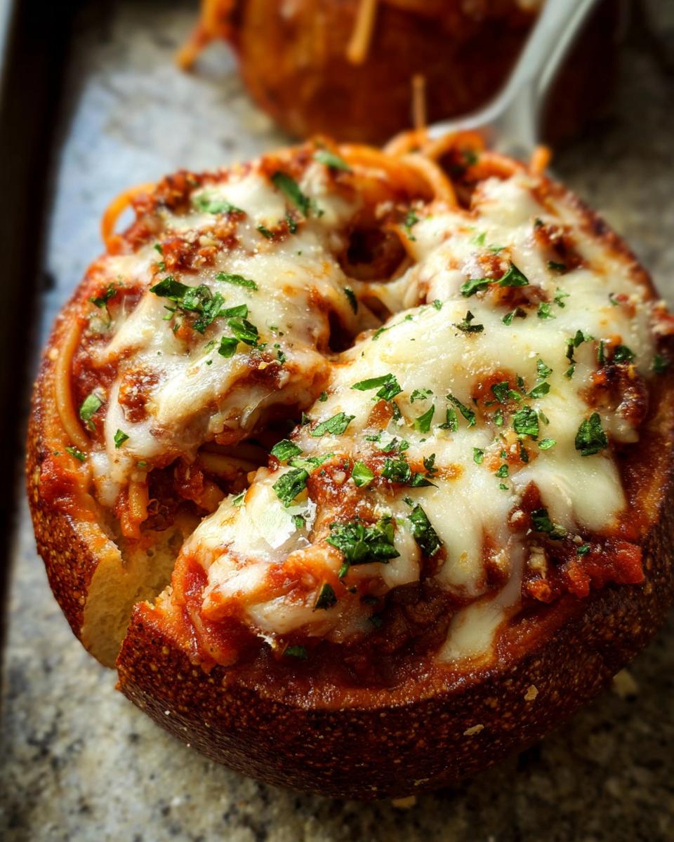 Close-up of an Easy Spaghetti Garlic Bread Bowl overflowing with spaghetti, marinara sauce, and melted cheese, garnished with parsley.