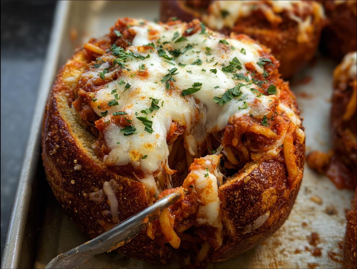 A close-up of an Easy Spaghetti Garlic Bread Bowl overflowing with spaghetti and melted cheese, garnished with parsley.