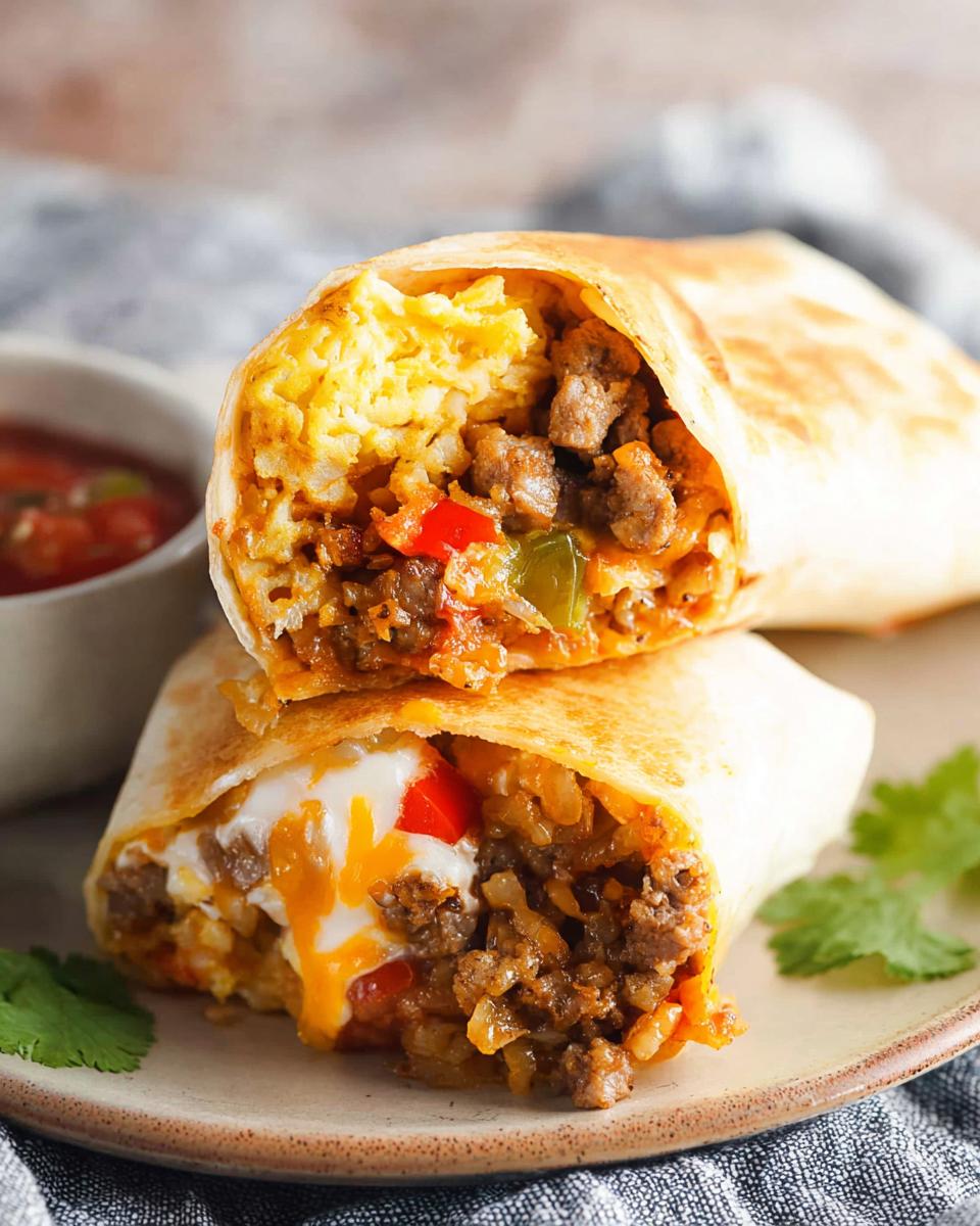 A close-up of two halves of an Effortless & Tasty Freezer Breakfast Burrito, showing scrambled eggs, sausage, peppers, and melted cheese.