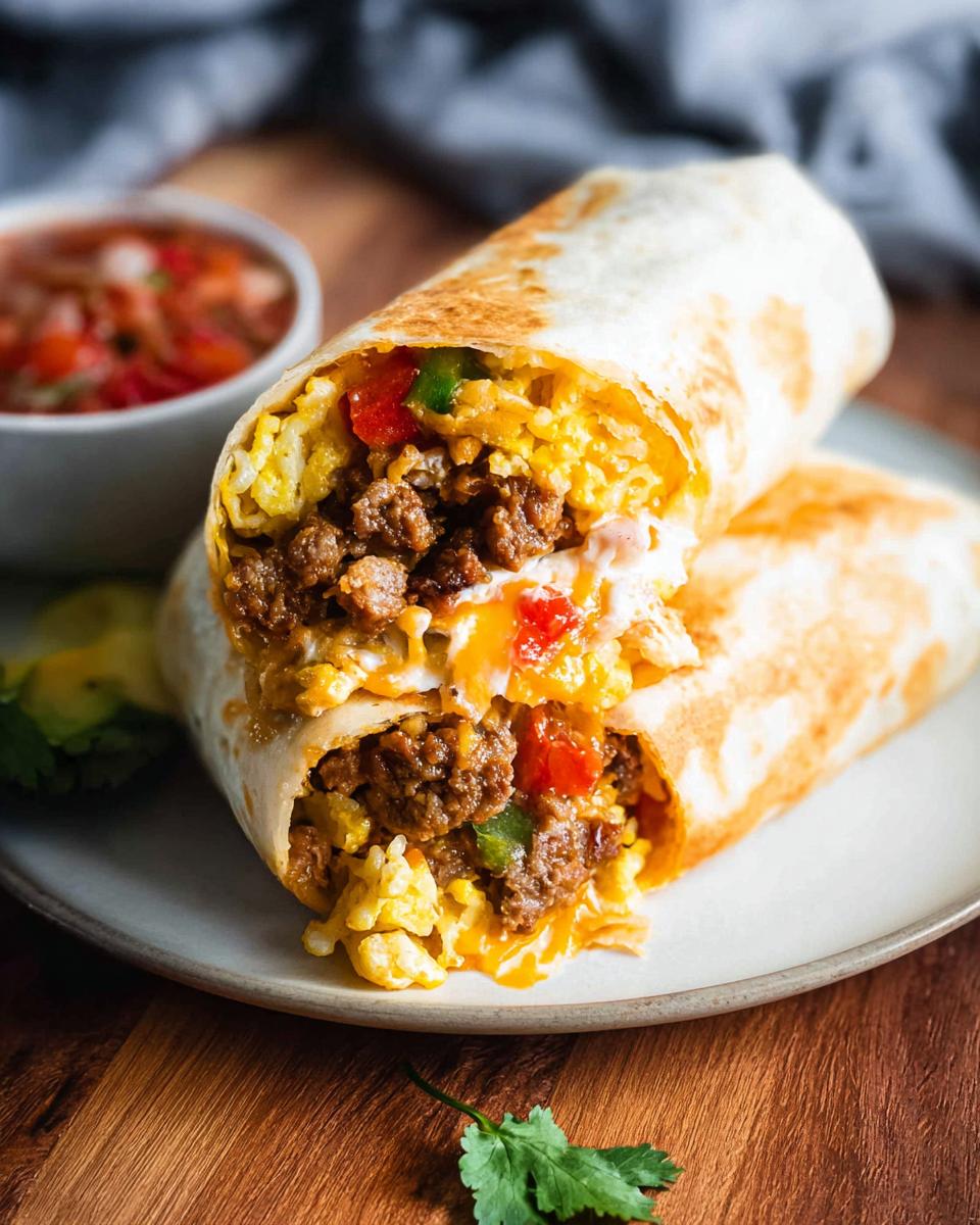 Close-up of a delicious freezer breakfast burrito cut in half, revealing scrambled eggs, sausage, peppers, and cheese.